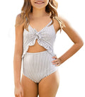 Saodimallsu Girls One Piece Cutout Ruffle Swimsuits Kids Floral High Waisted Tie Front Bathing Suits White
