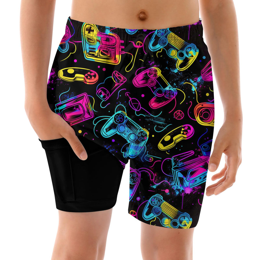 ALISISTER Boys Swim Trunks Size 10-12 Compression Liner Neon Game Big Kids Boxer Briefs Bathing Suit Beach Surfing Summer Swimsuit Quick Dry